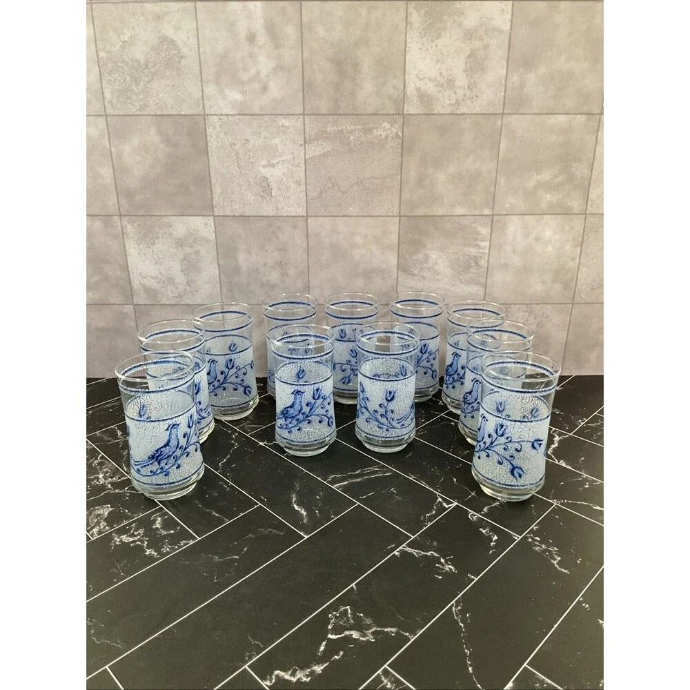 Libbey 10 oz glasses Frosted Blue bird and flower 5.25” X 2.50” Set of 11